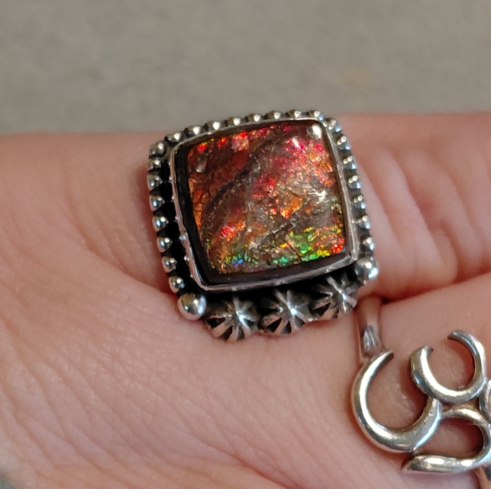 Fiery Ammolite Sterling Silver Ring Size 6 - Picture 3 of 13